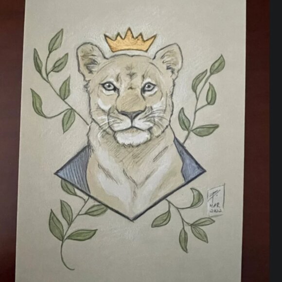 Queen Lioness 6x8 Original Watercolor Mixed Media Artwork kids room fantasy art - Picture 1 of 3